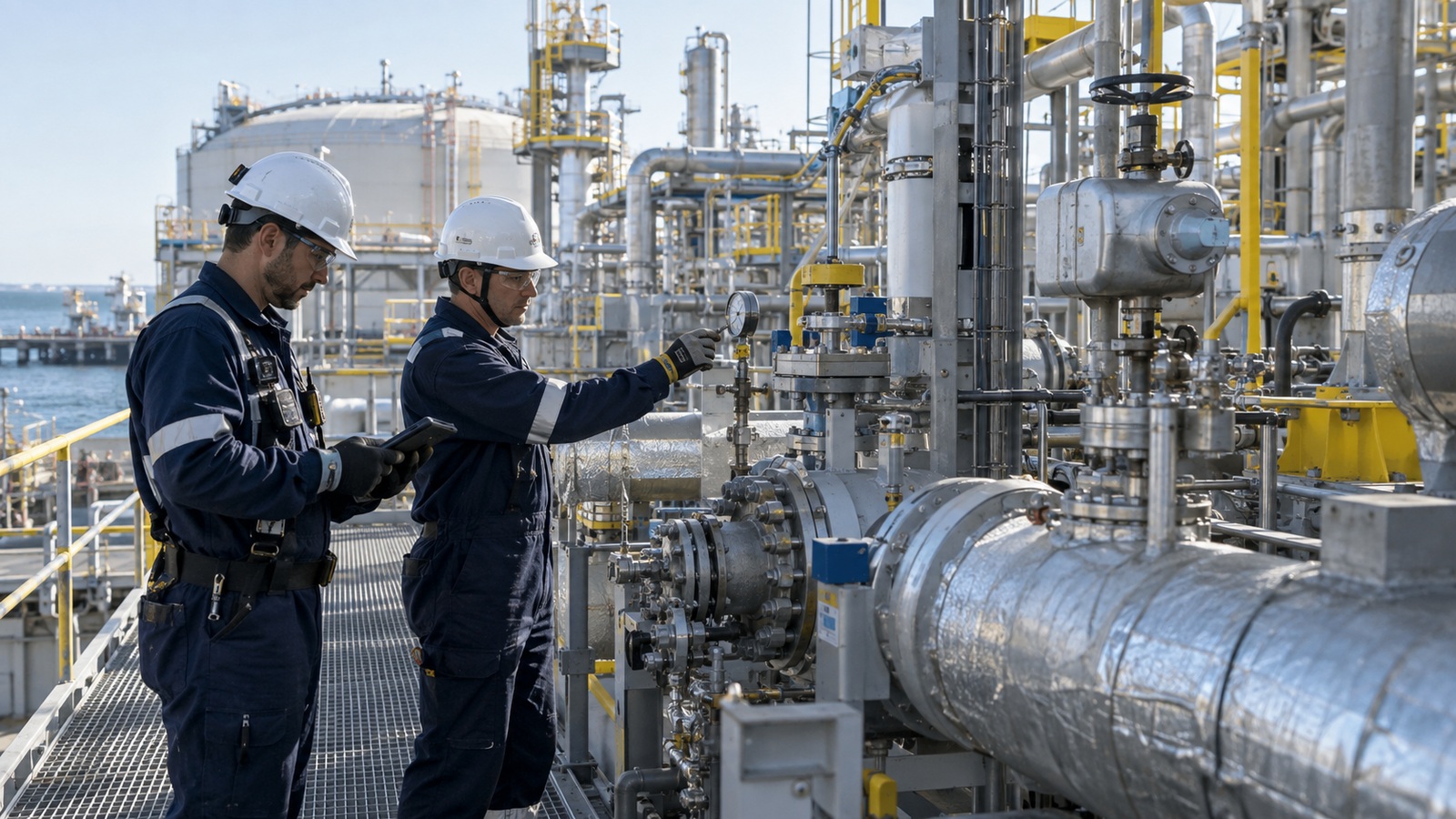 Two maintenance technicians inspect a valve train inside an LNG plant during a planned intervention.