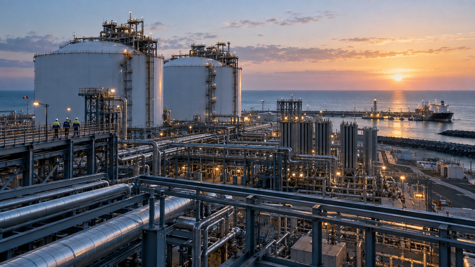 Coastal LNG regasification terminal at sunrise, with cryogenic storage tanks and process pipework viewed from above.