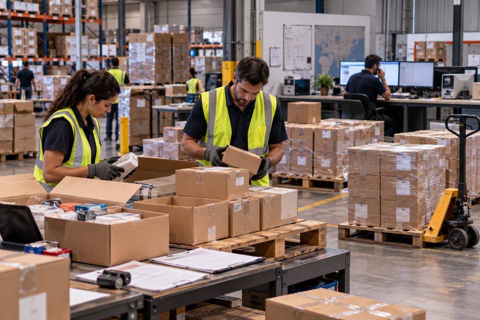 Warehouse employees reopening and rebuilding an incorrect shipment while corrected orders wait for redispatch, showing the rework and delays caused by shipment errors.