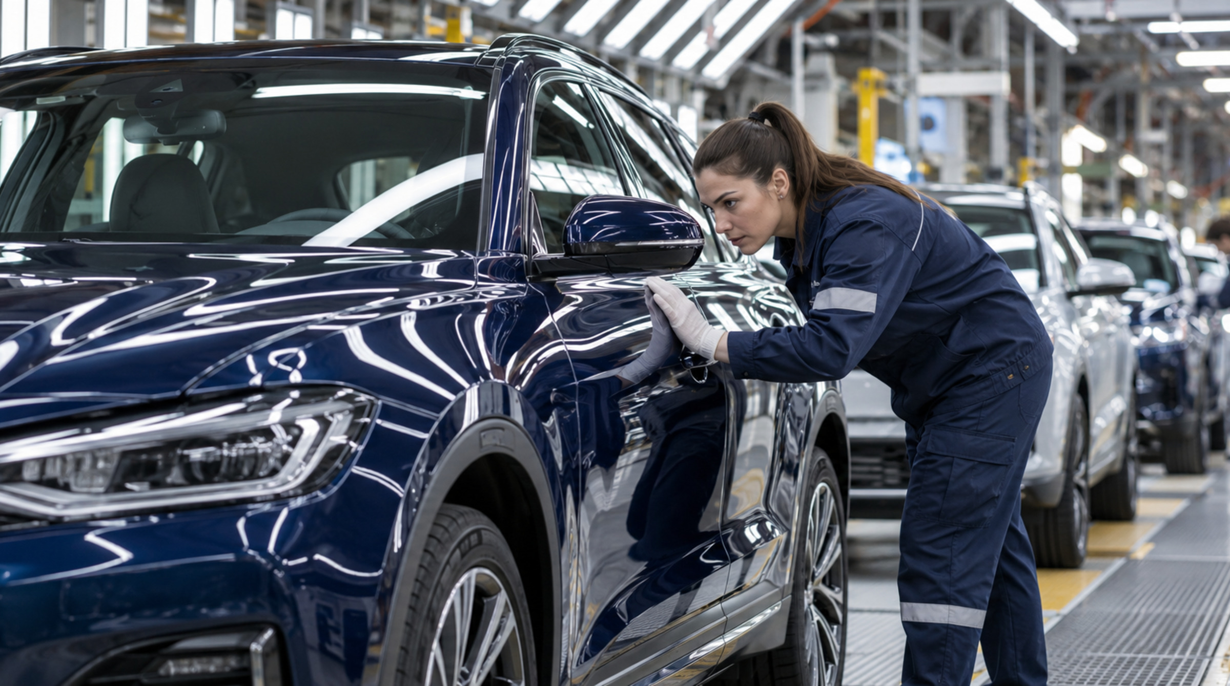 Quality specialist examining the reflective paint finish of a completed vehicle at the final inspection stage of an automotive production line