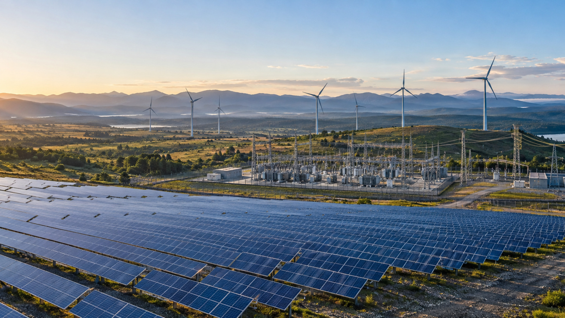 Solar arrays, wind turbines and a grid substation form a connected renewable power generation portfolio in a broad landscape.