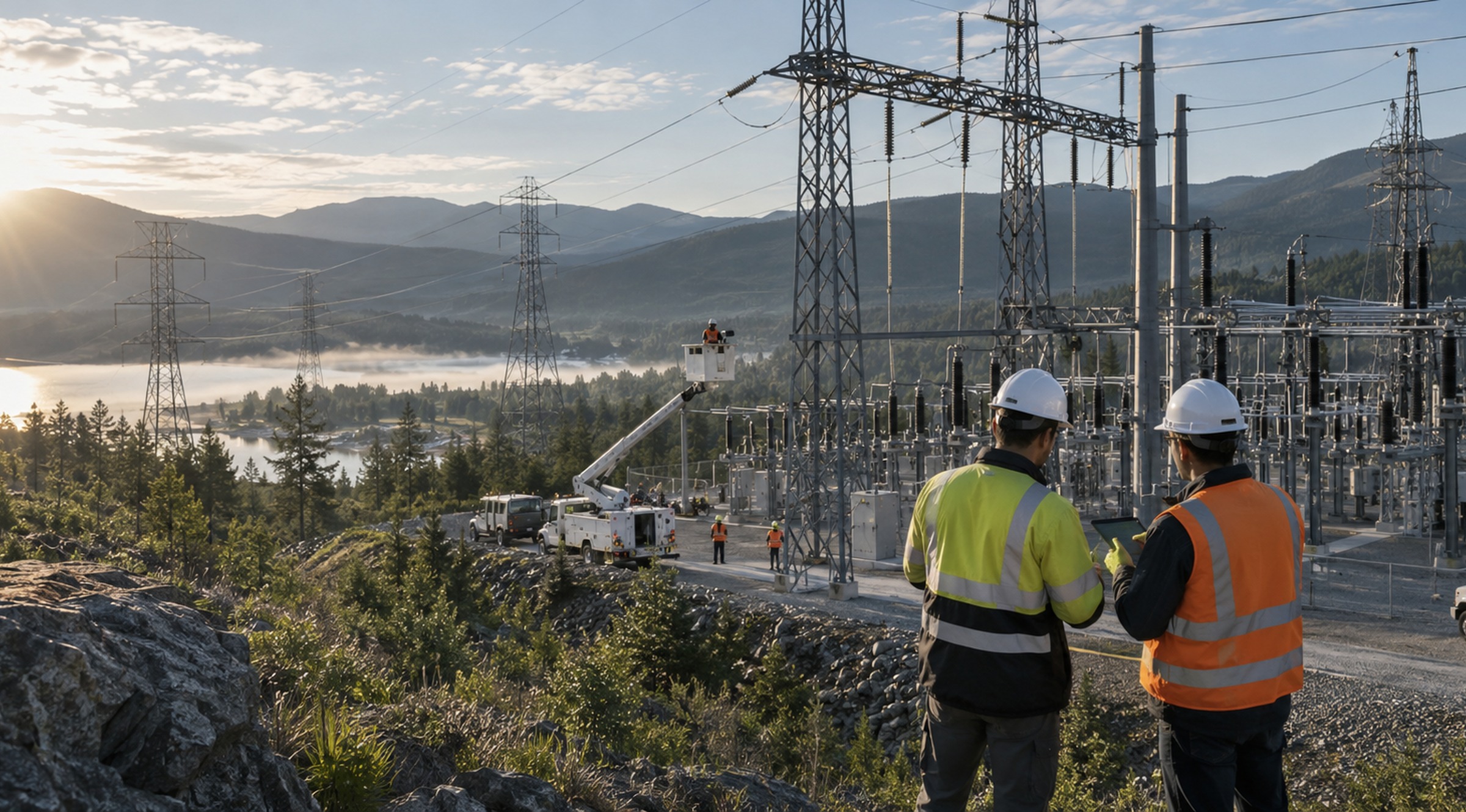 Field maintenance teams working near high-voltage transmission infrastructure, representing coordinated maintenance planning for a utility grid.