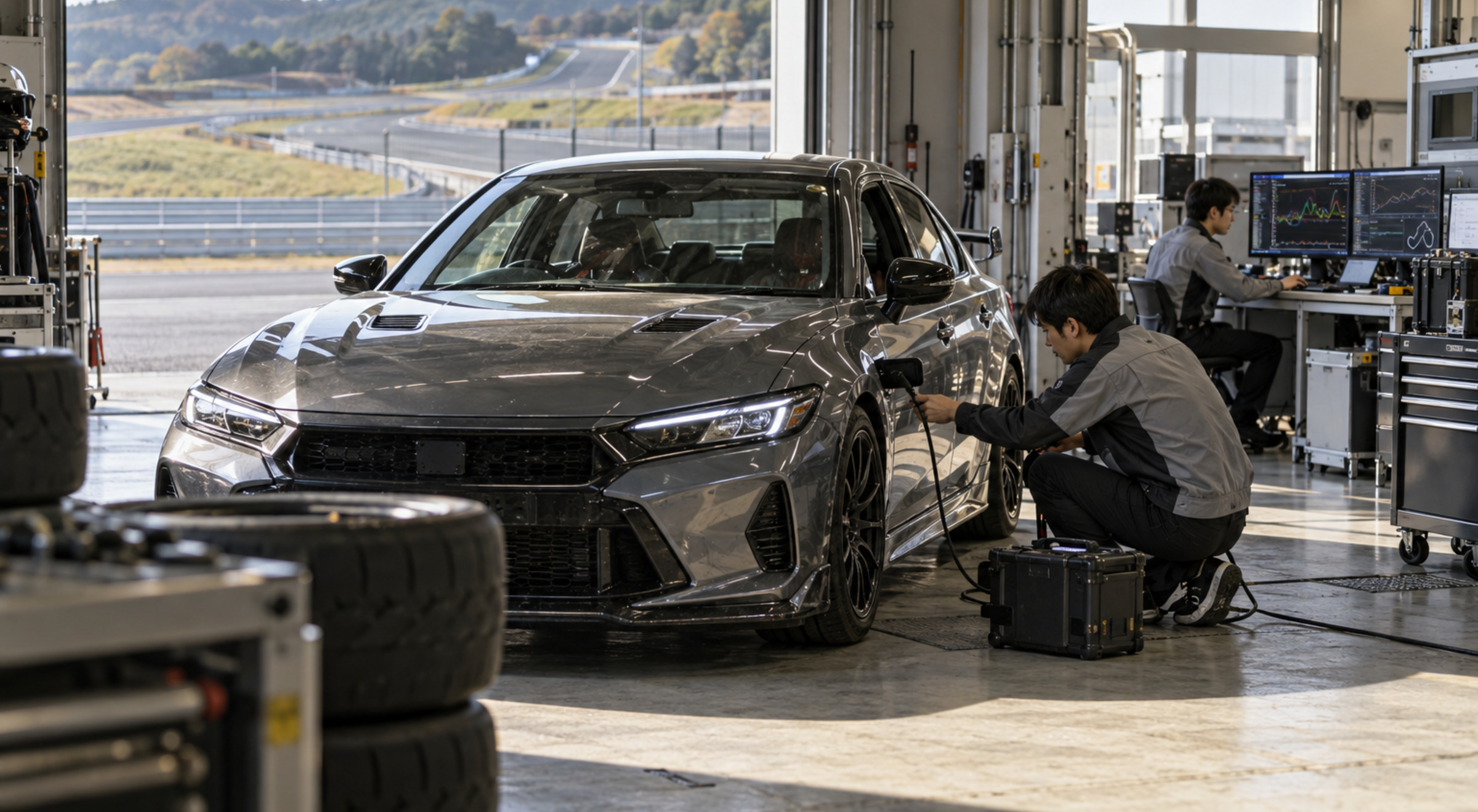 Automotive engineers working on a test vehicle in a proving-ground service bay as track data is reviewed for same-day software refinement.