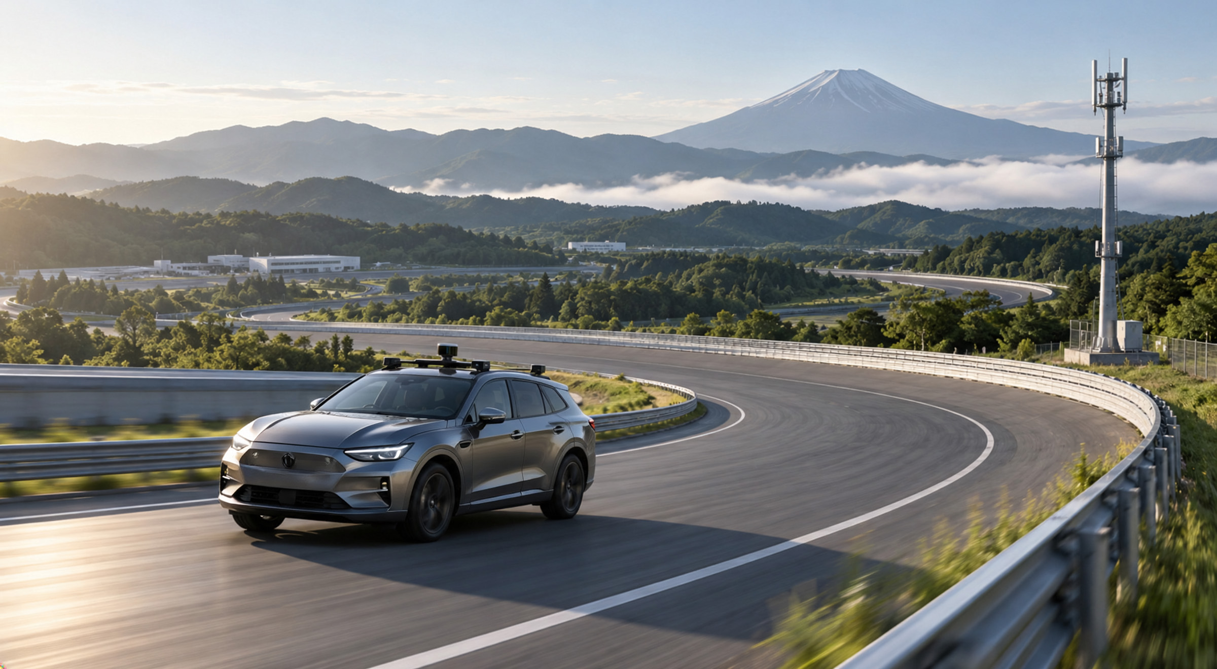 Camouflaged autonomous test vehicle driving on a large Japanese automotive proving ground with a trackside private 5G mast and Mount Fuji in the distance.