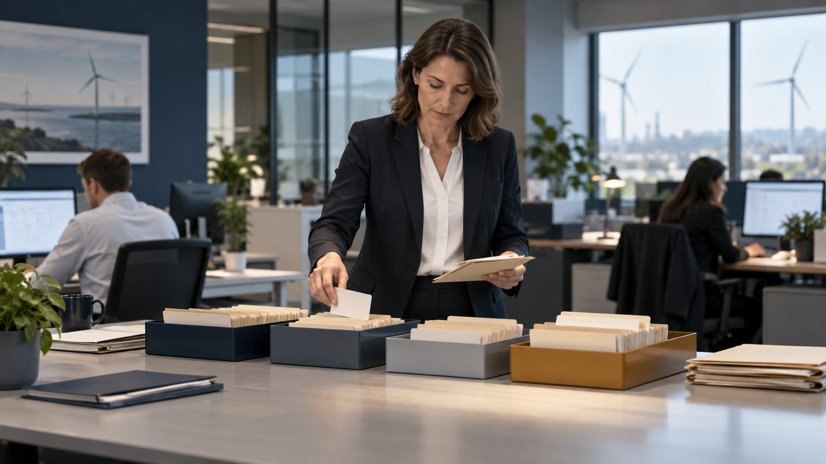 Operations manager sorting customer claim files, representing manual routing and rework