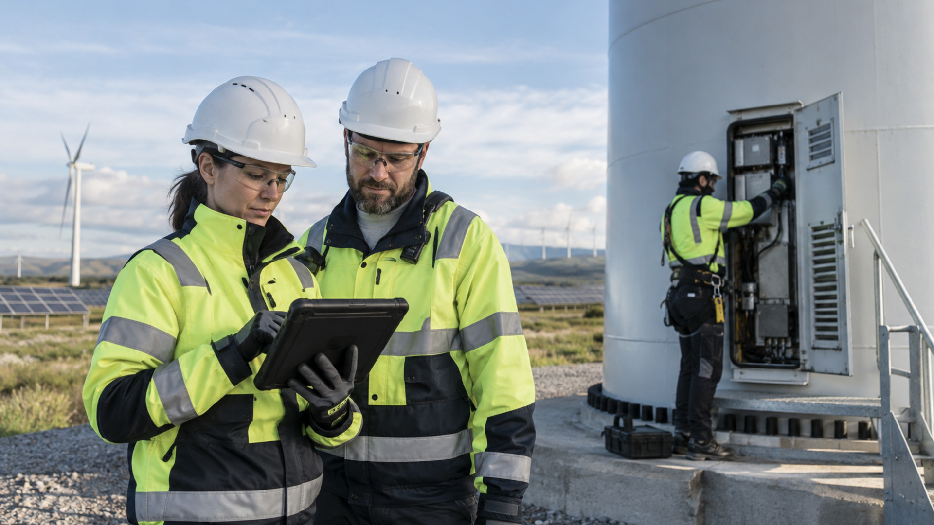 : Renewable energy maintenance professionals review a work order at the base of a wind turbine while a colleague inspects equipment.