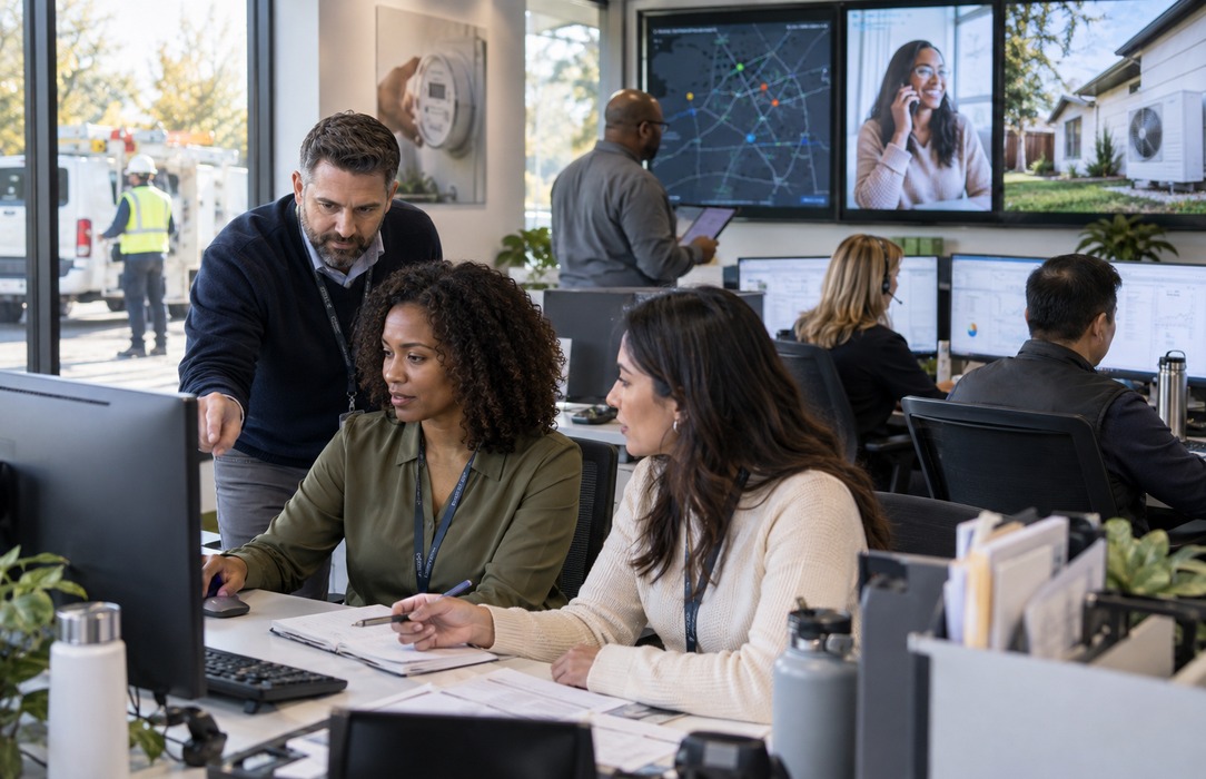 Customer care and marketing operations teams prepare prioritized outreach actions from predictive insights in an energy utility hub.