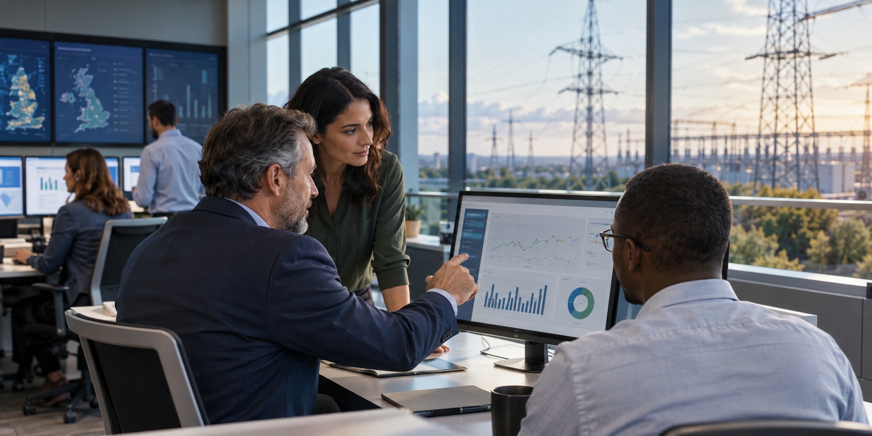 Energy customer operations leaders review anonymized customer experience signals in a modern utility environment connected to electricity infrastructure.