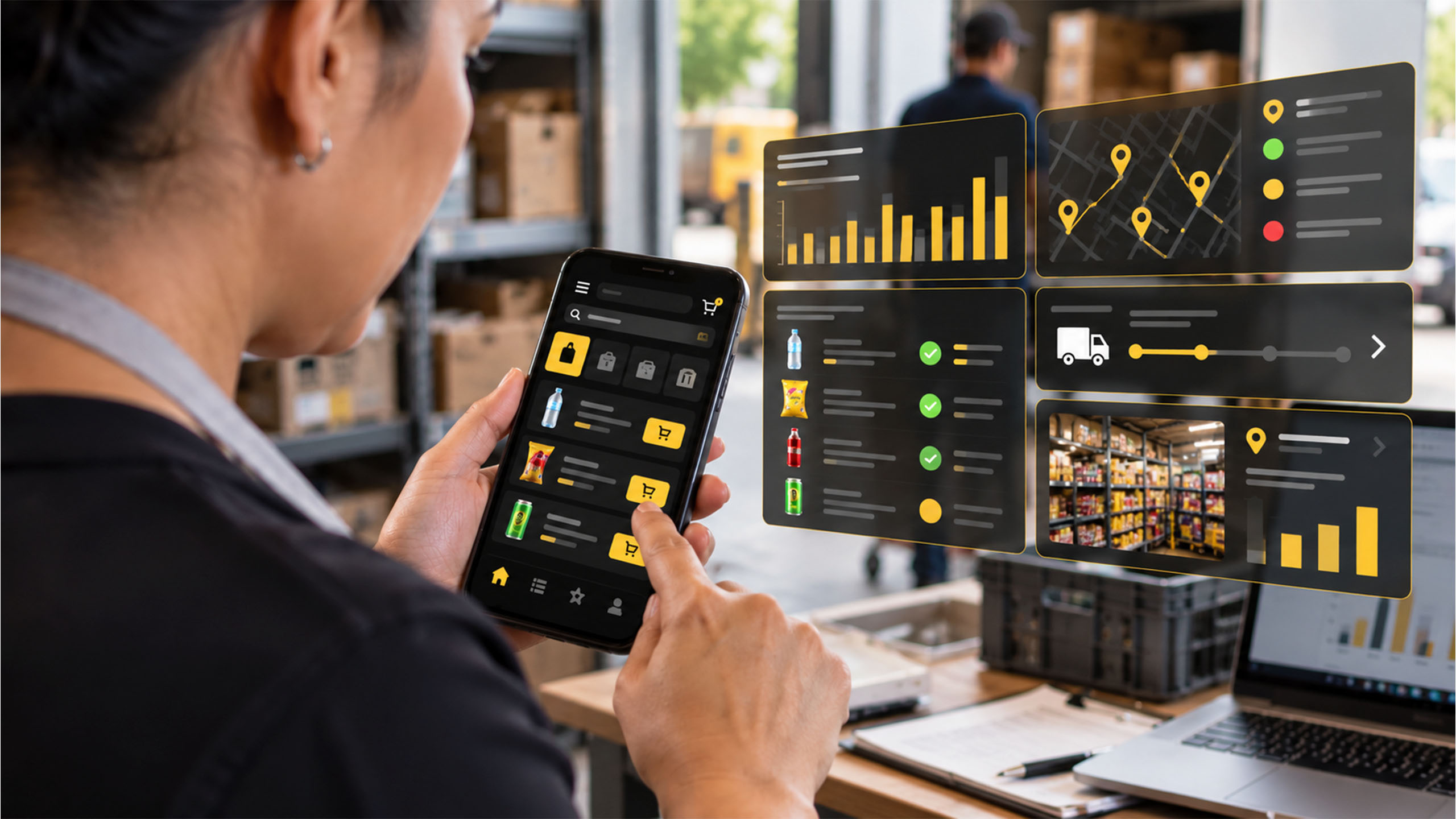 Retail operator using a mobile commerce application to review product options and roadmap priorities during store replenishment, connecting real-world demand, assortment decisions and delivery activity to support more responsive commercial planning.