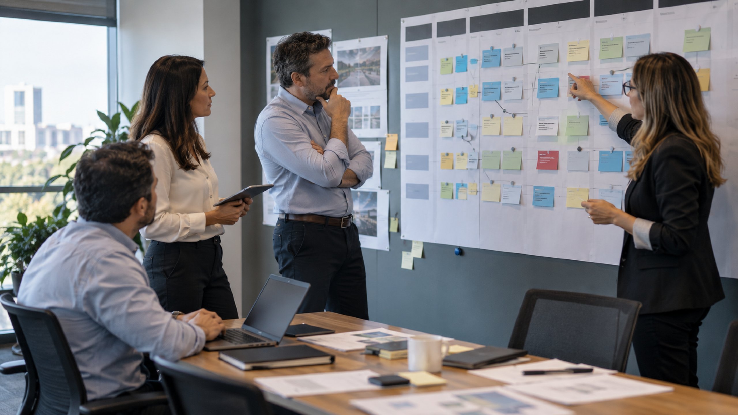 Cross-functional team reviewing a product roadmap and prioritization board, aligning initiatives, dependencies and sequencing to support clearer decision-making, shared strategic direction and more focused roadmap planning.
