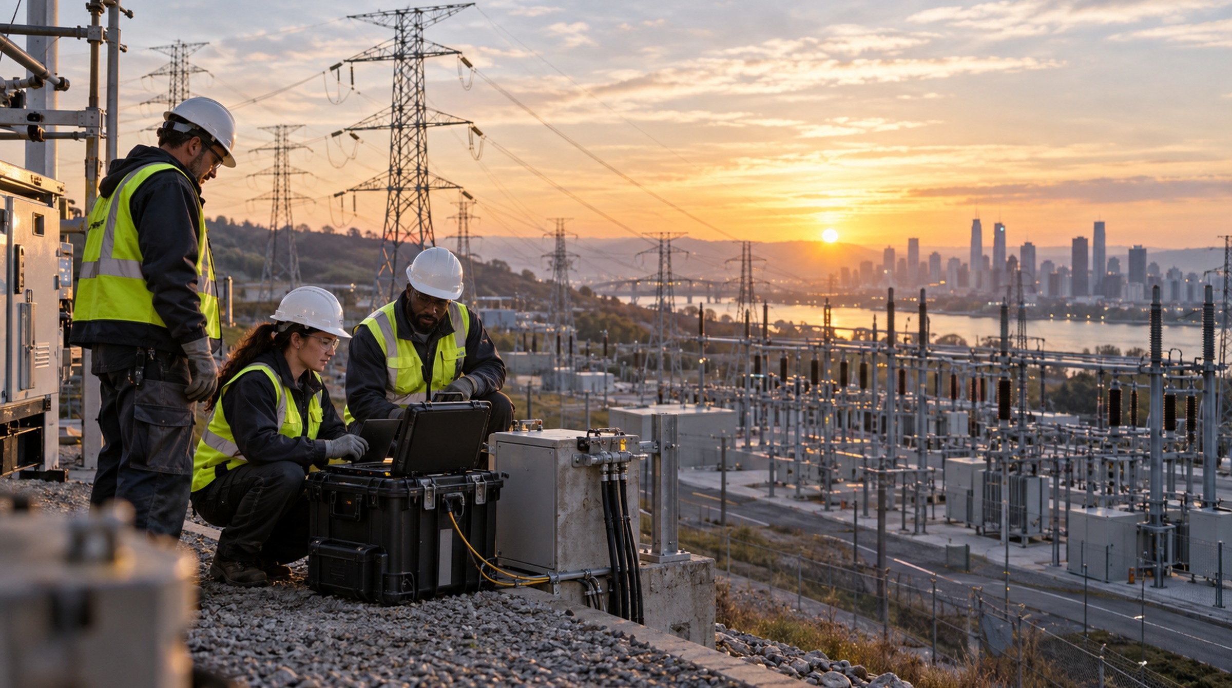 Utility field crew conducts a communications resilience test at a transmission hub, with substations, power lines and a city visible at sunrise.
