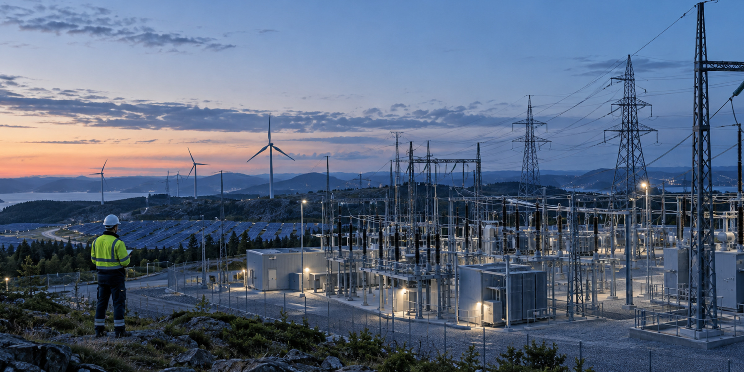 Utility engineer overlooking a high-voltage substation connected to wind and solar generation at dawn.