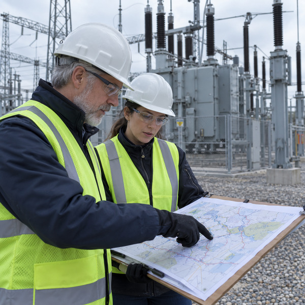 Two utility engineers review a network map beside high-voltage substation equipment.
