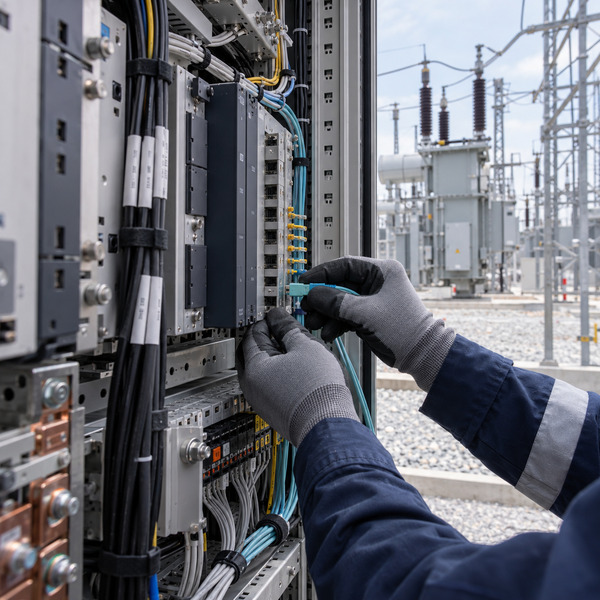 Technician connects fiber cabling inside a protection cabinet at an electrical substation.