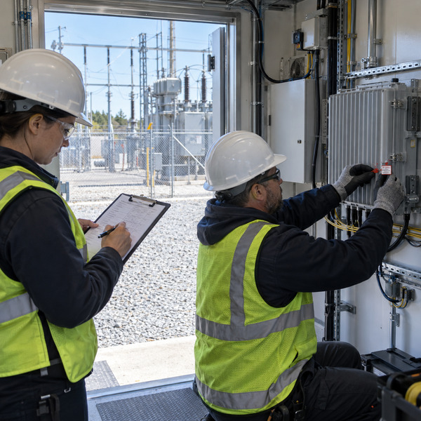 Utility technician secures a fiber communications enclosure at a remote electrical switching station.