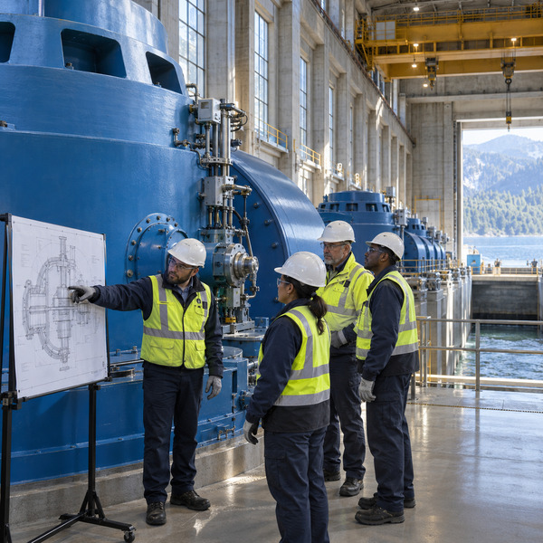 Utility operators hold an operational briefing beside turbine equipment in a hydroelectric power station.