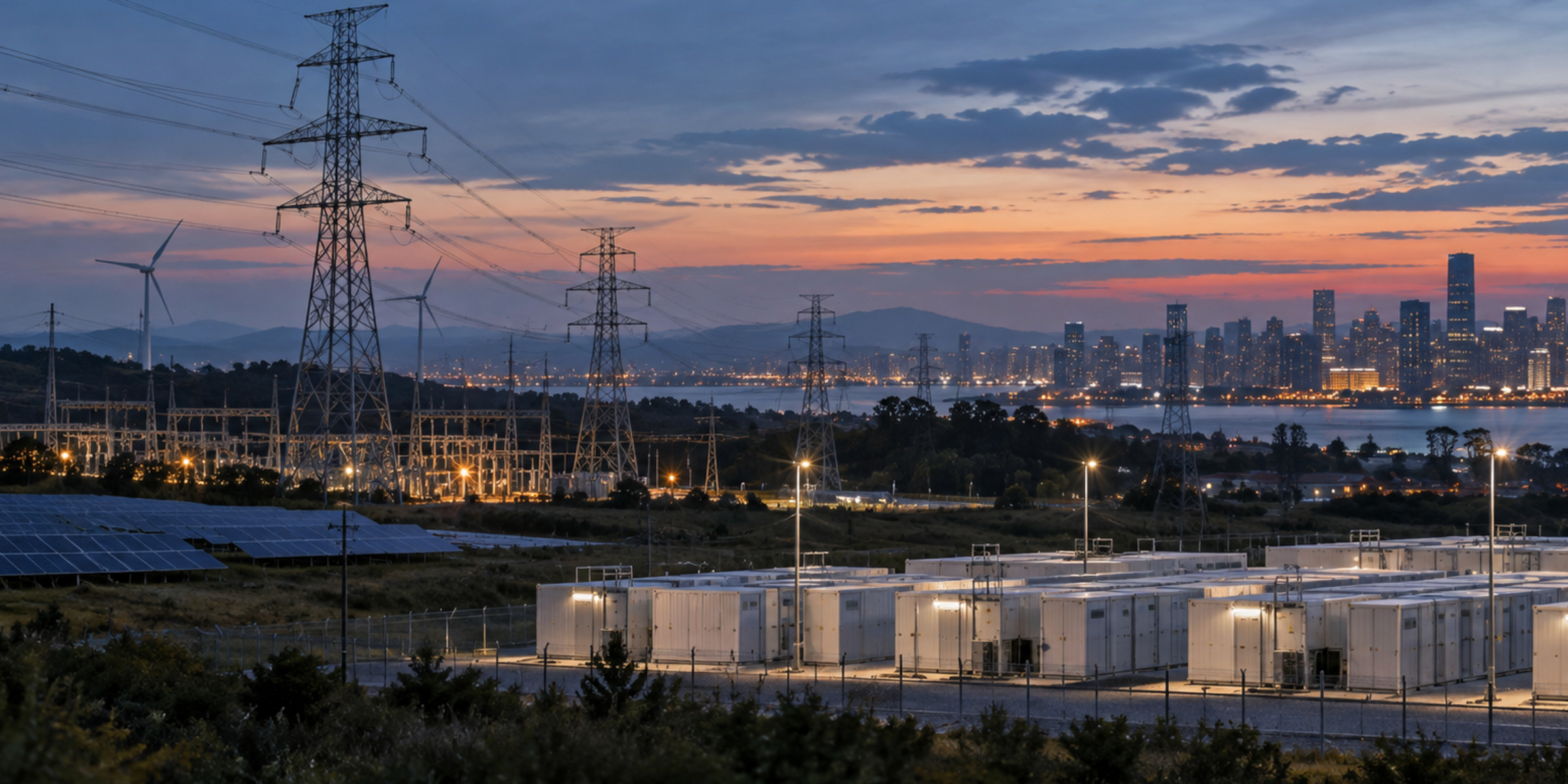 Transmission lines, renewable generation and battery storage supply a city as evening lights come on.