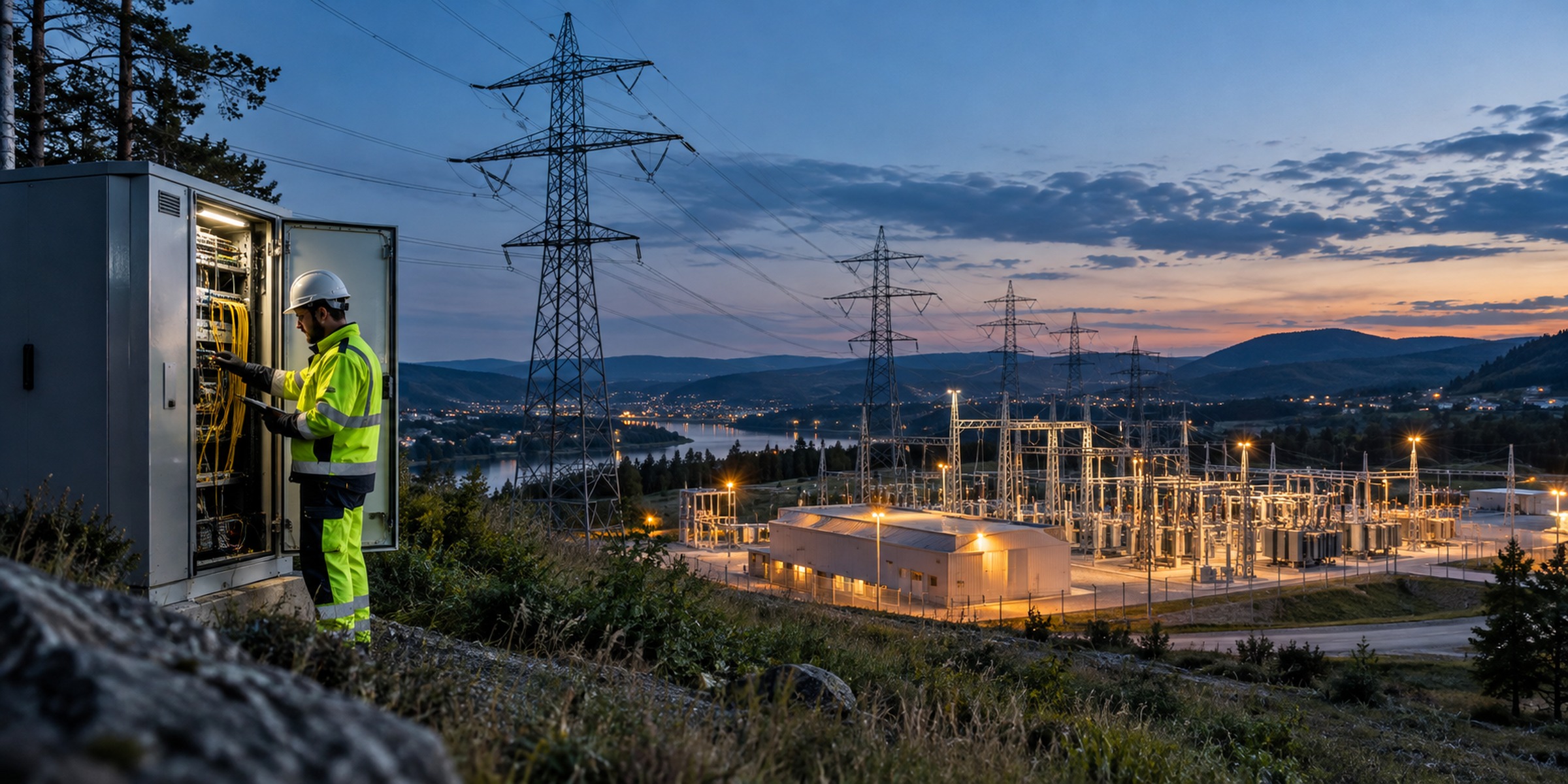 Utility engineer inspects a communications cabinet overlooking a high-voltage substation and transmission corridor at blue hour.