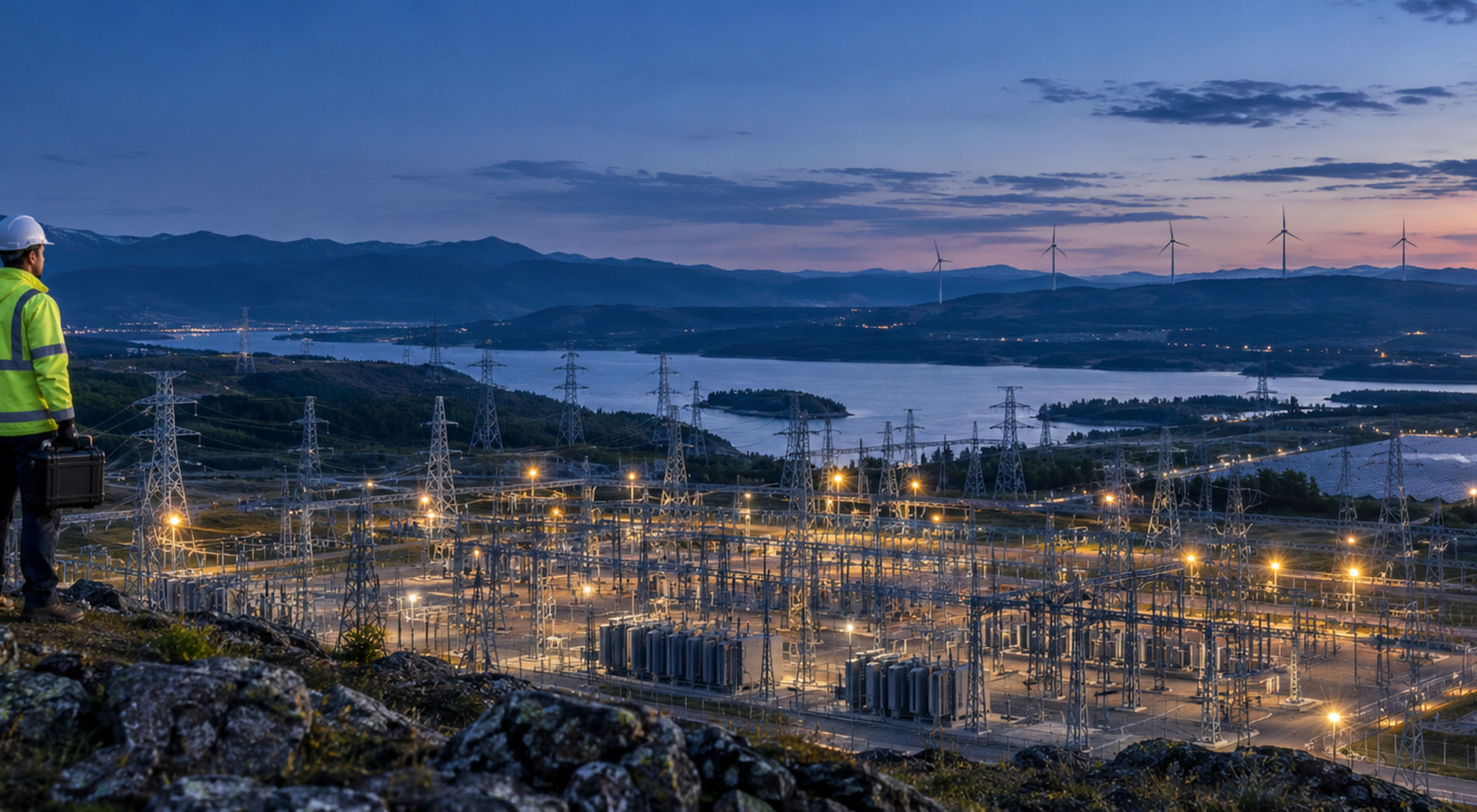 Utility engineer overlooking a high-voltage substation, transmission network and renewable generation at blue hour.