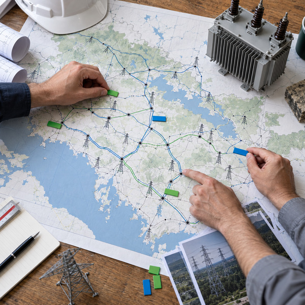 Engineers prioritize candidate utility use cases on a regional power-grid map with physical route markers and transformer equipment.