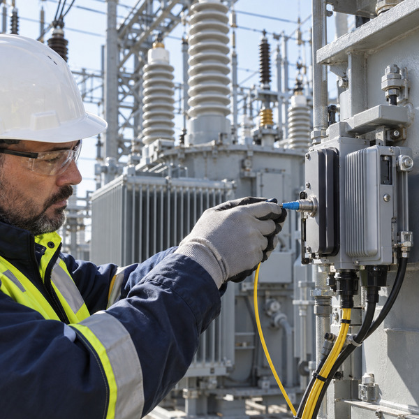 Utility engineer connects fiber-optic sensing equipment to transformer monitoring hardware inside a high-voltage substation.