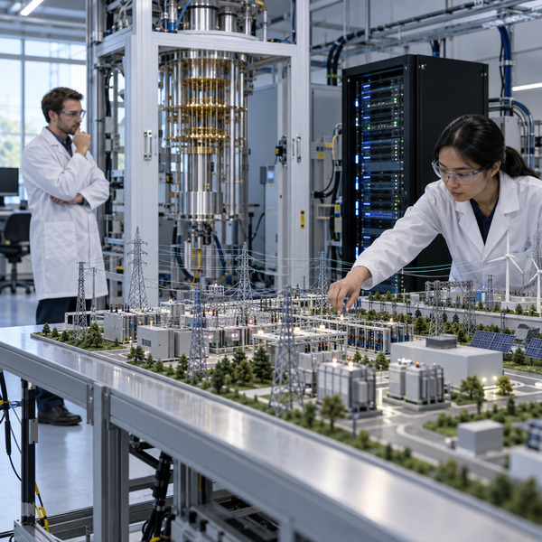 Researchers evaluate quantum computing hardware beside a physical miniature power-grid test rig in a utility innovation laboratory.
