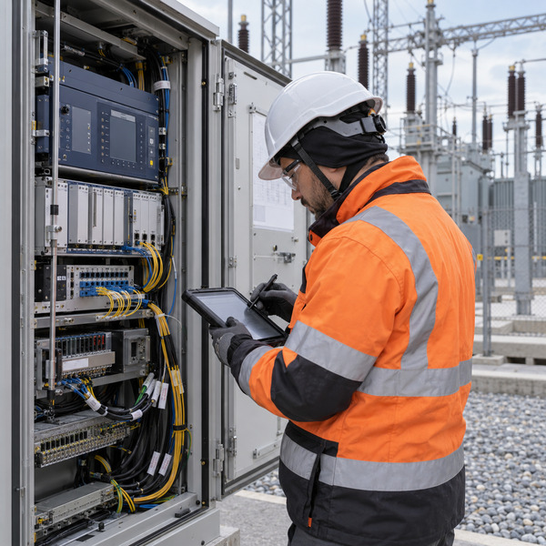 Cybersecurity field engineer documents communications and encryption equipment in a substation protection-and-control cabinet.