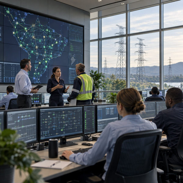 Utility operators, a field supervisor and an engineering lead coordinate grid operations with transmission infrastructure visible outside.