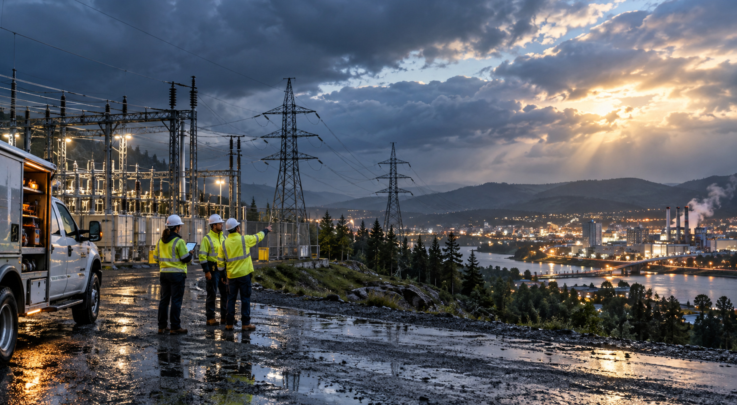 Utility field crew inspects a substation and transmission network after rain, with an illuminated town and industrial district in the distance.