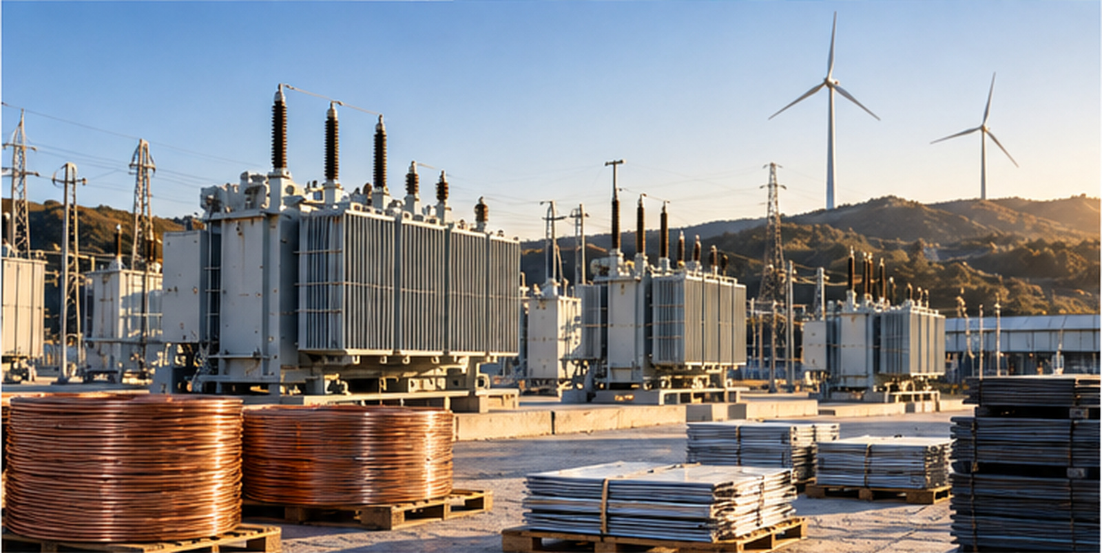Utility procurement and asset-planning professionals review raw-material price forecasts beside staged transformer equipment and electrical materials at a regional energy infrastructure facility.