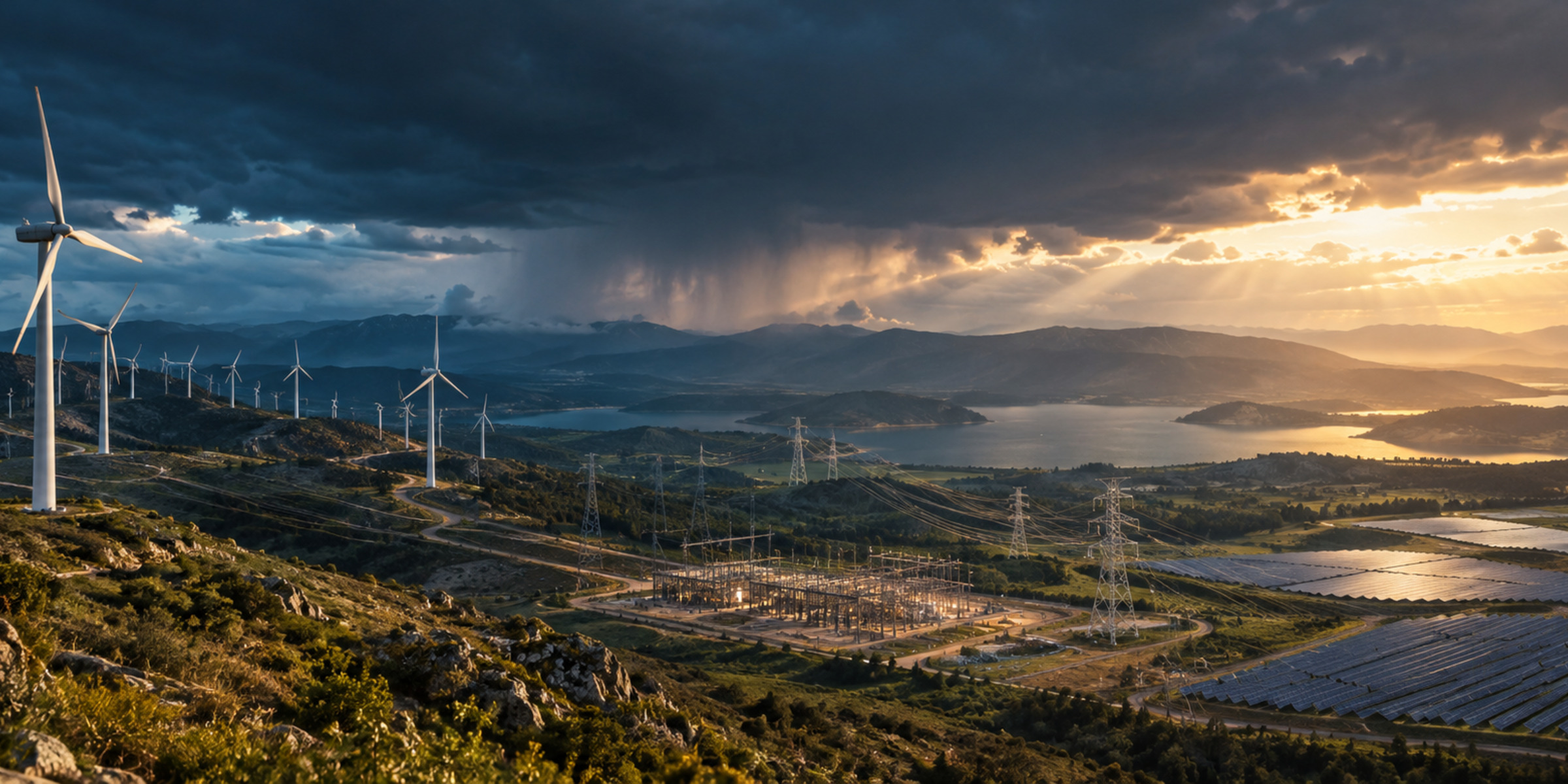 Wind and solar generation connected to transmission lines and a substation beneath a changing sky.