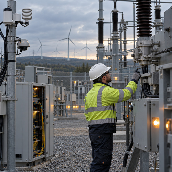 A utility technician inspecting connected sensor and communications equipment inside a substation with wind turbines in the distance.