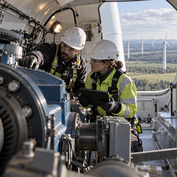 Two utility engineers examining machinery inside a wind turbine nacelle with the wind farm visible outside.