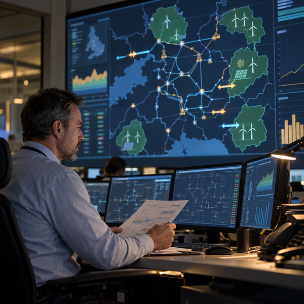 A grid operator reviewing a regional power network display and a printed dispatch plan in a utility operations centre.