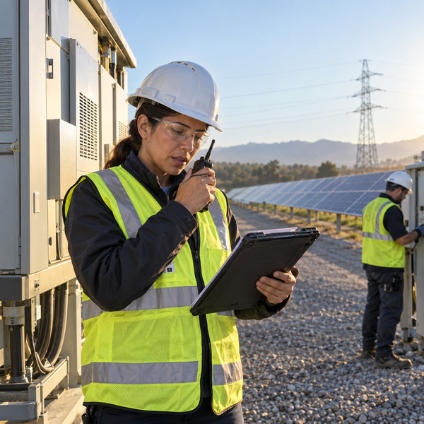 Field technicians coordinating by radio and work order beside inverter equipment in a large solar farm.