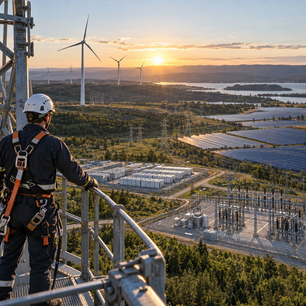 A grid engineer overlooking connected wind, solar, storage and substation assets from a transmission maintenance platform.