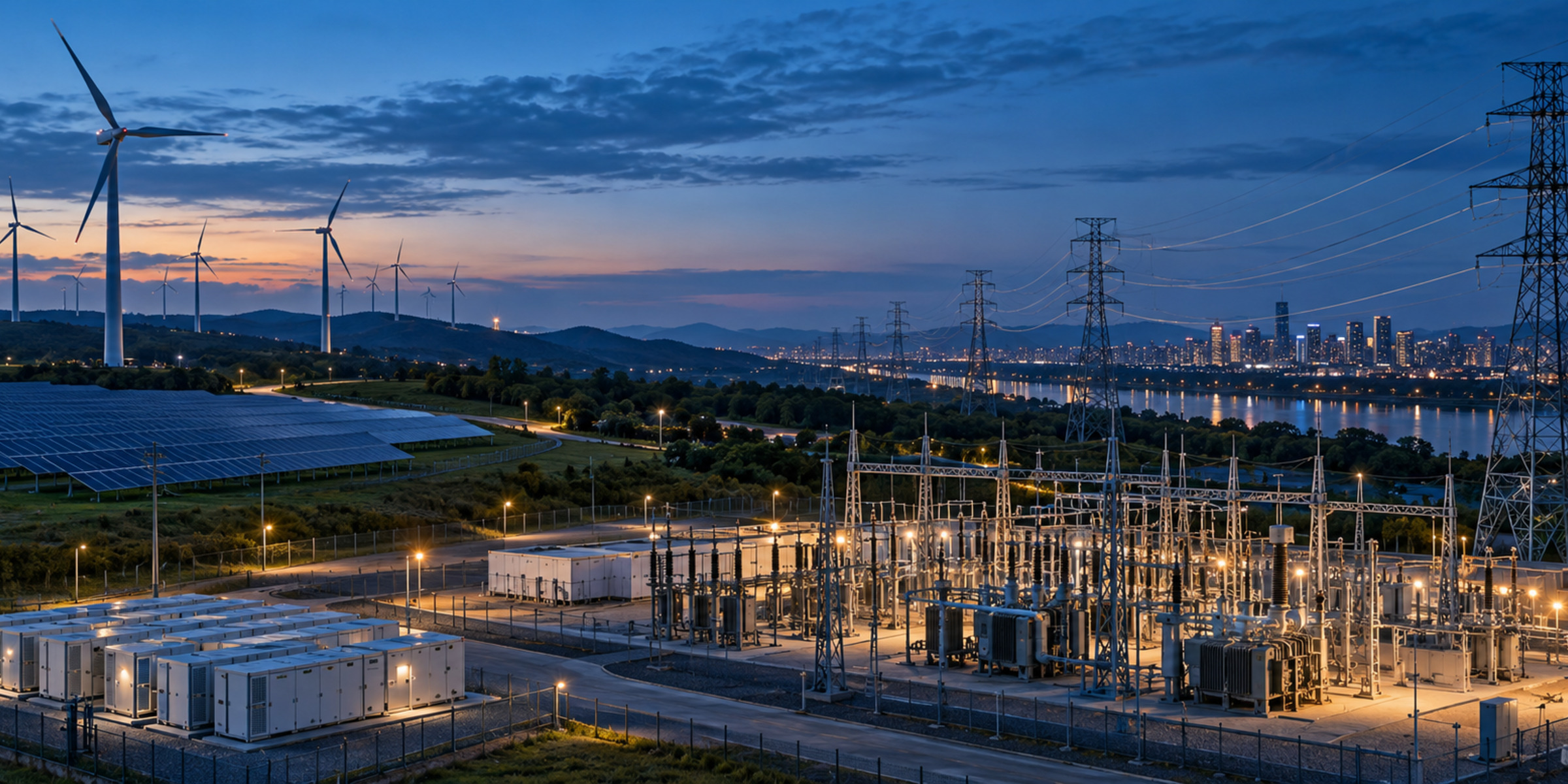 Wind and solar assets feeding a high-voltage substation and transmission network at blue hour, with a city in the distance.