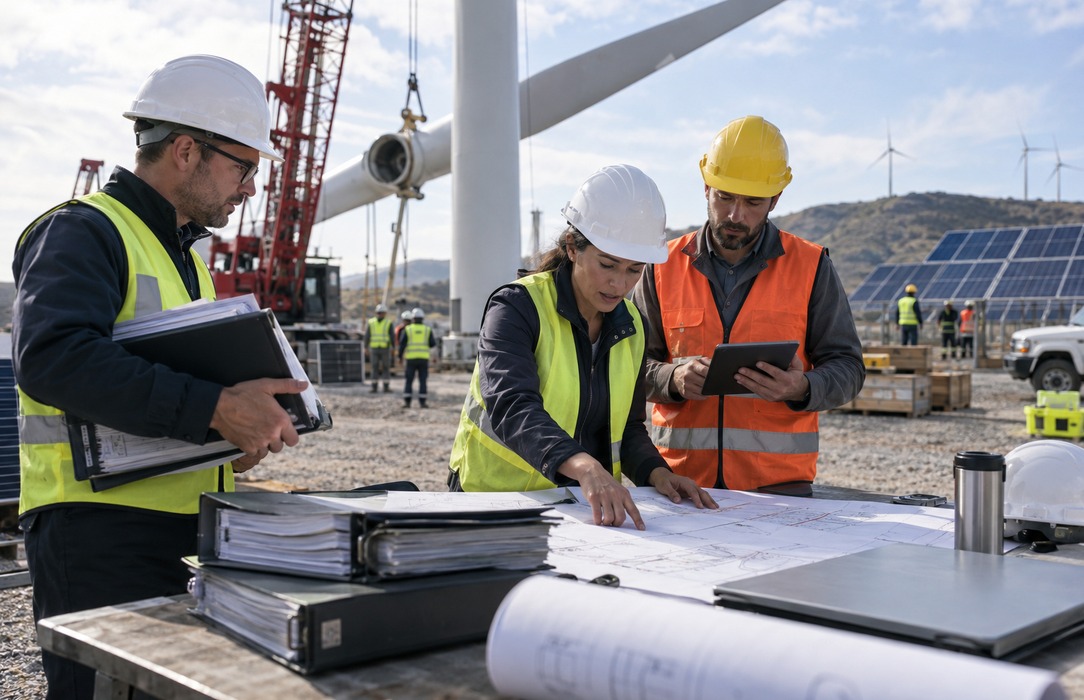 Renewable project teams managing separate engineering documents and asset records near wind and solar construction equipment.