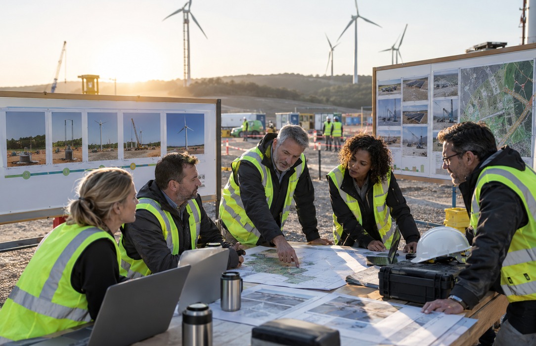 Senior renewable project leaders reviewing phased commissioning and governance materials at an active project site.