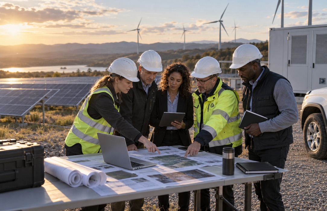 Business, technology and operations stakeholders aligning priorities at a renewable energy project site.