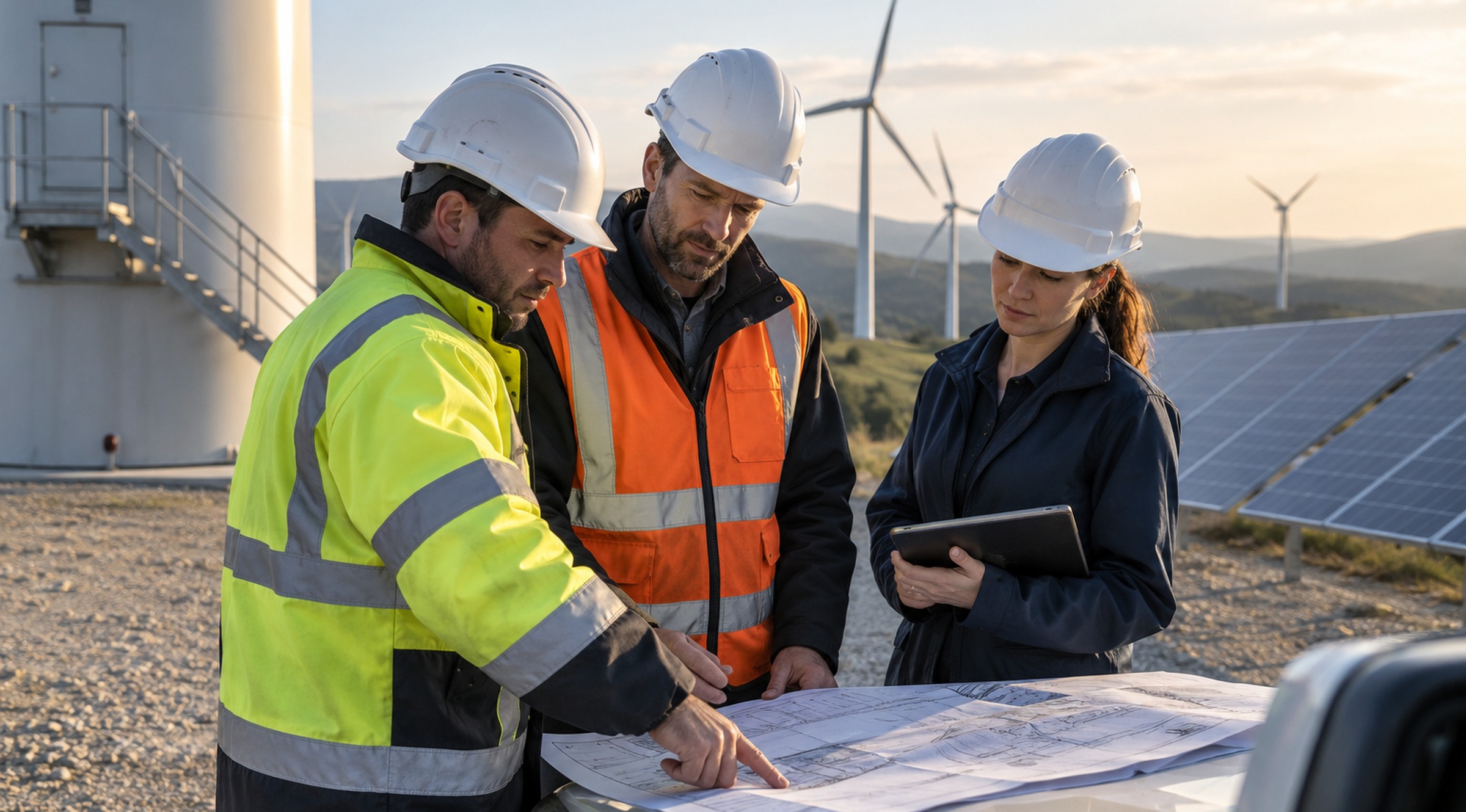Renewable operations and construction teams reviewing asset records during the handover from commissioning to maintenance.