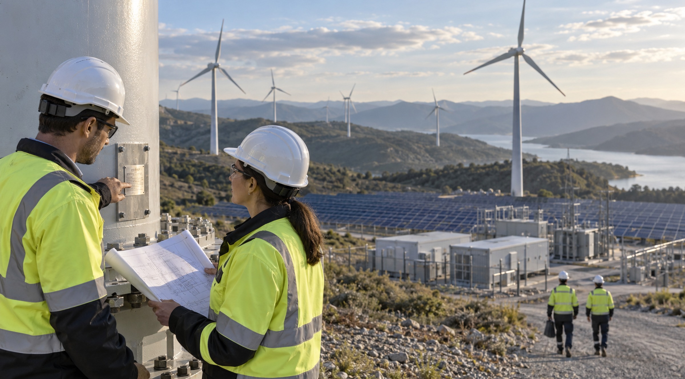 Engineers at a renewable power generation site reviewing asset information across wind and solar infrastructure.