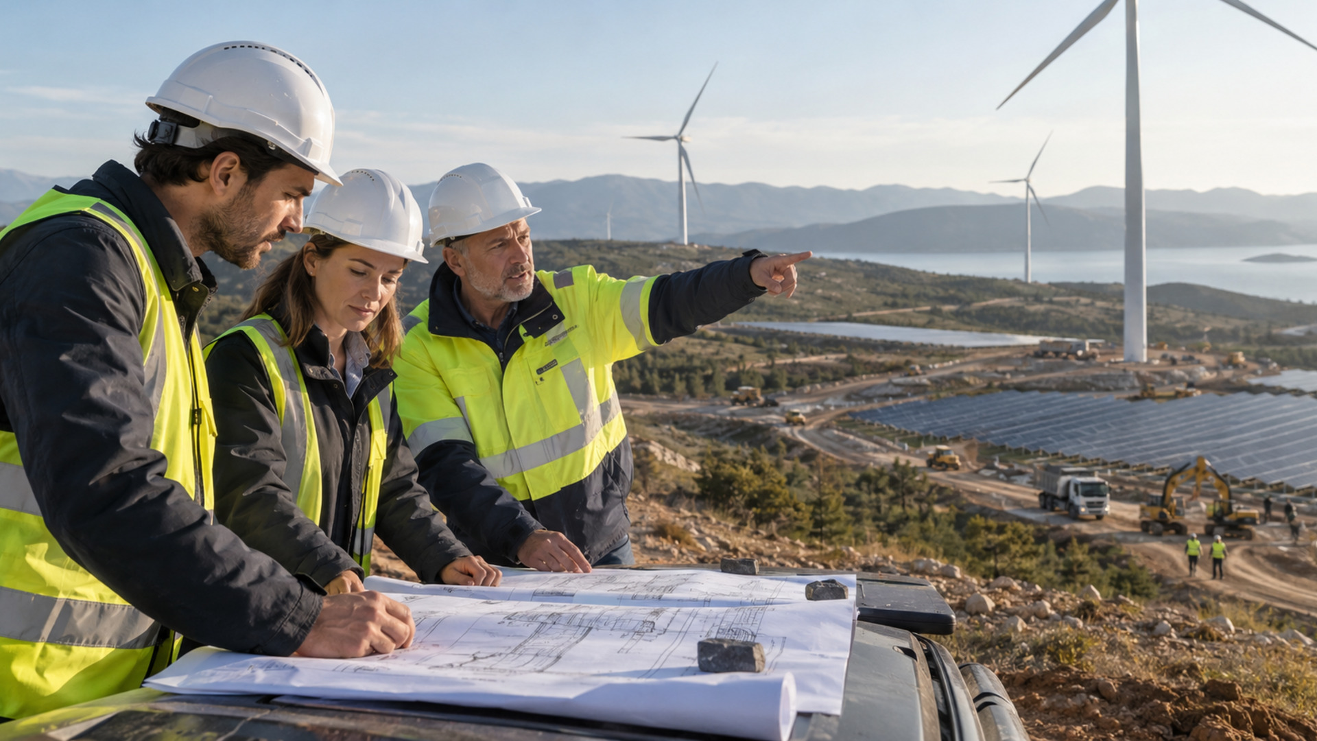 Renewable construction team reviewing project plans at a wind and solar development site, representing economic evaluation of renewable project alternatives.