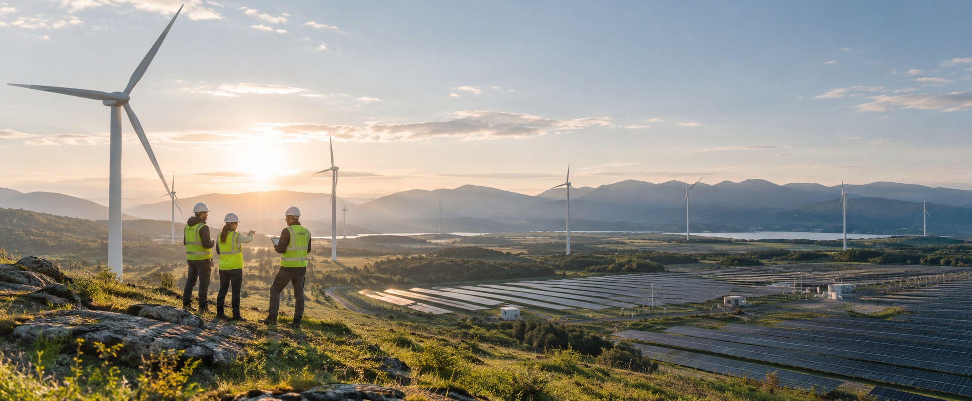 Wind turbines and solar arrays across a renewable generation portfolio, with an operations team inspecting assets in morning light.