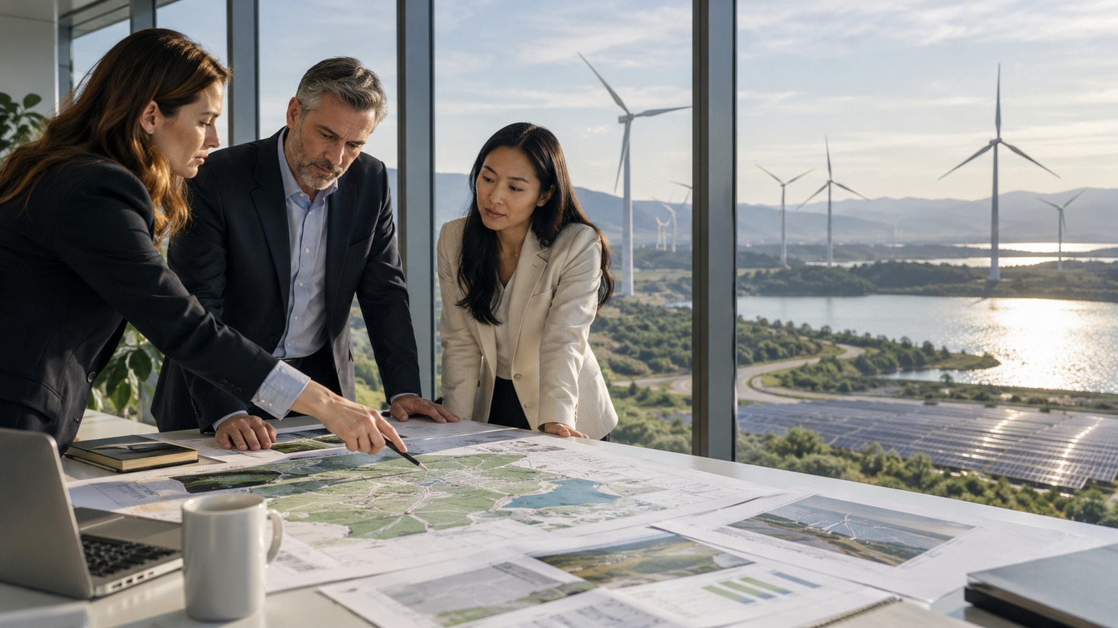 Wide renewable energy landscape with wind and solar assets, suggesting executive visibility across a global investment portfolio.