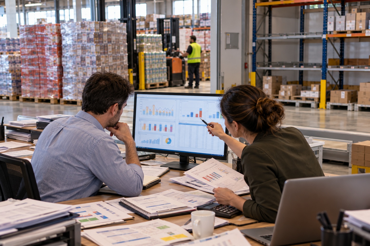 Supply planning team reviewing demand forecasts while warehouse inventory shows excess stock in some products and low availability in others.