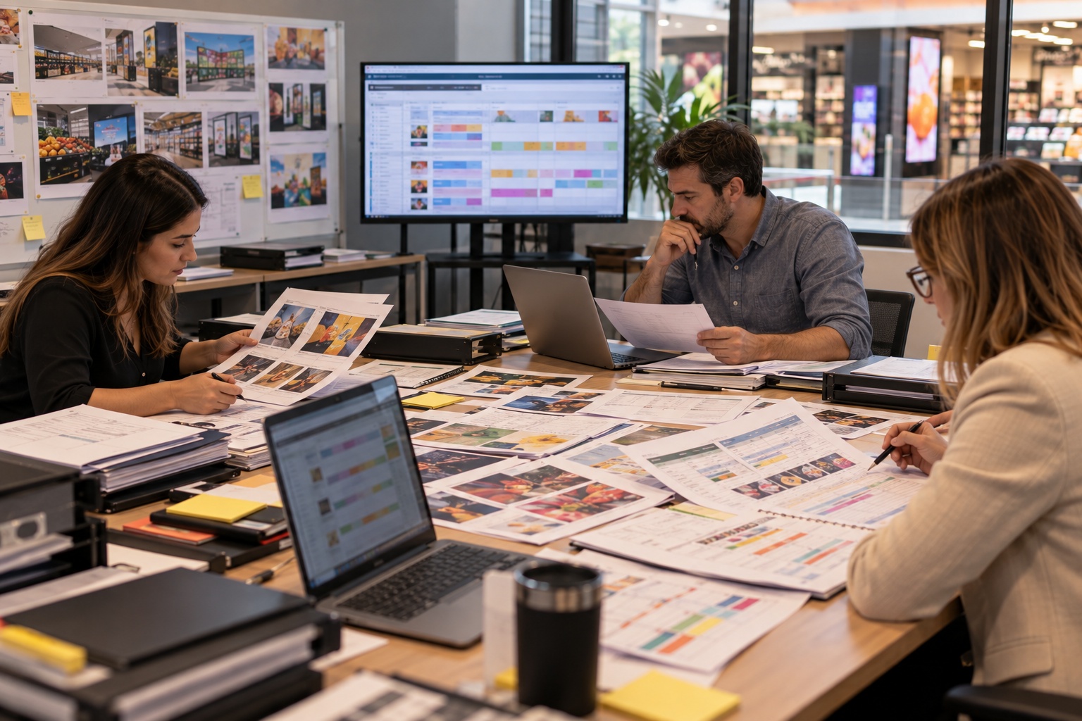 Retail media team coordinating campaign schedules, creative assets and content partners to keep in-store advertising screens relevant and consistently managed.
