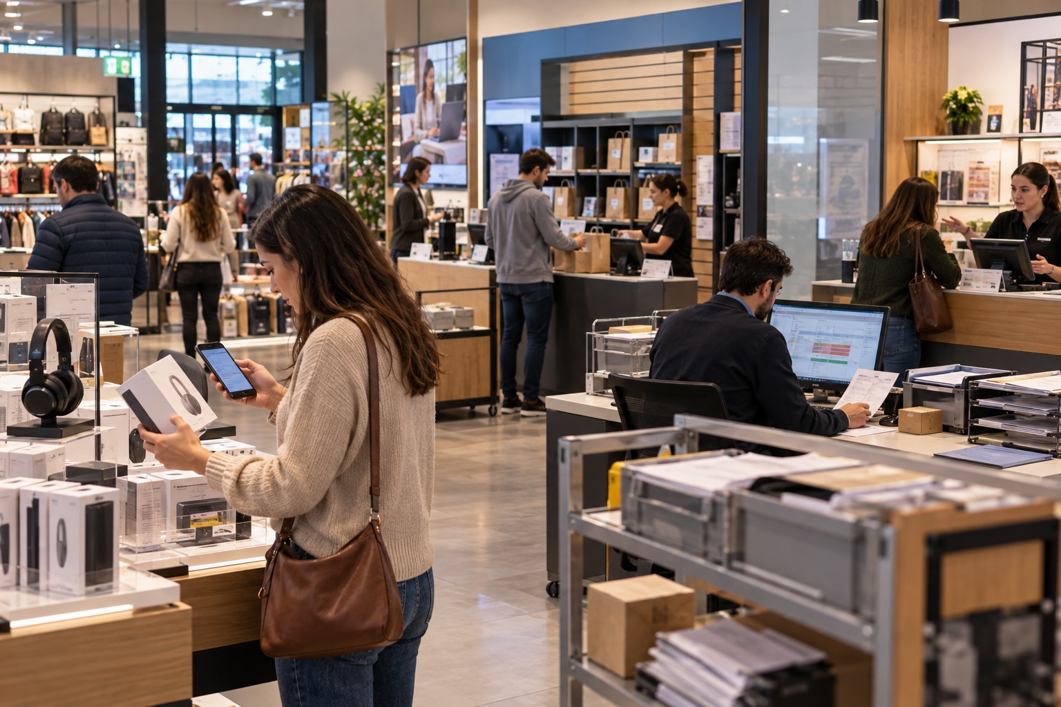 Retail customer moving between mobile, in-store and pickup channels while employees manage separate information and manual handoffs across the journey.