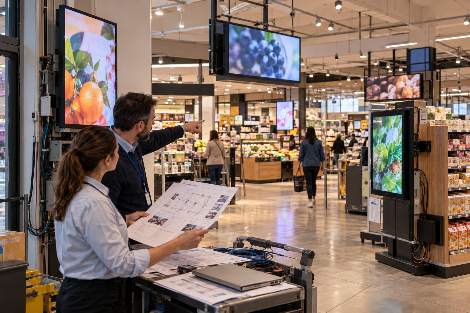 Retail technology team reviewing disconnected digital advertising screen installations without a common physical network architecture across the store.