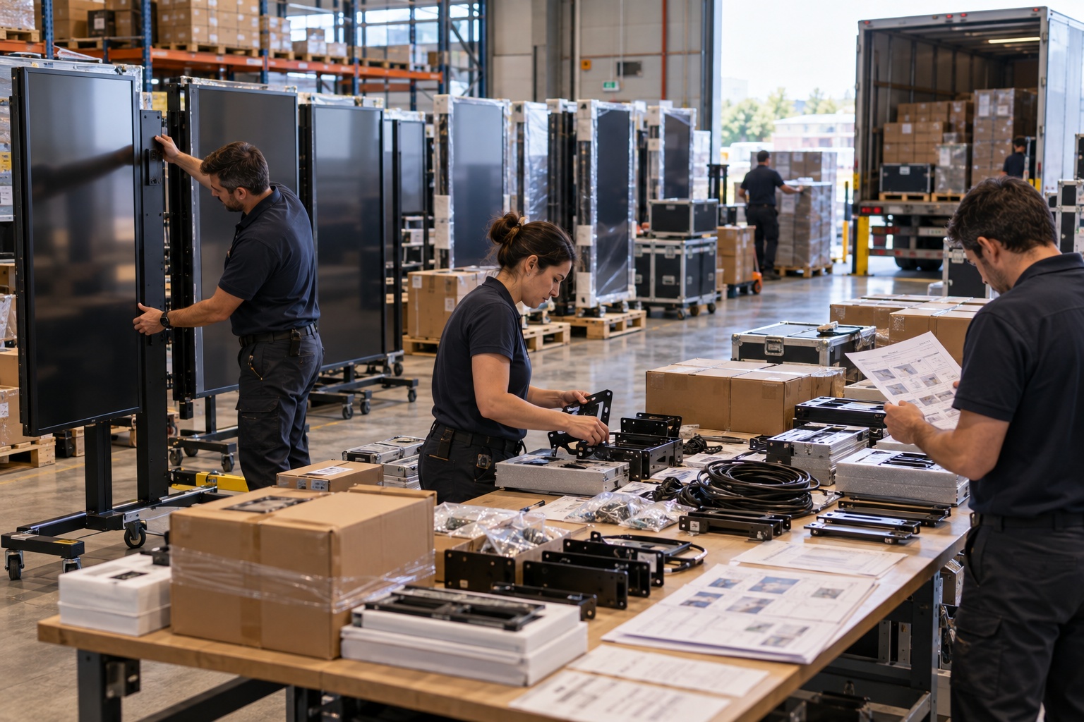 Retail technology technicians preparing standardized digital screens and installation equipment for consistent deployment and maintenance across a national store network.